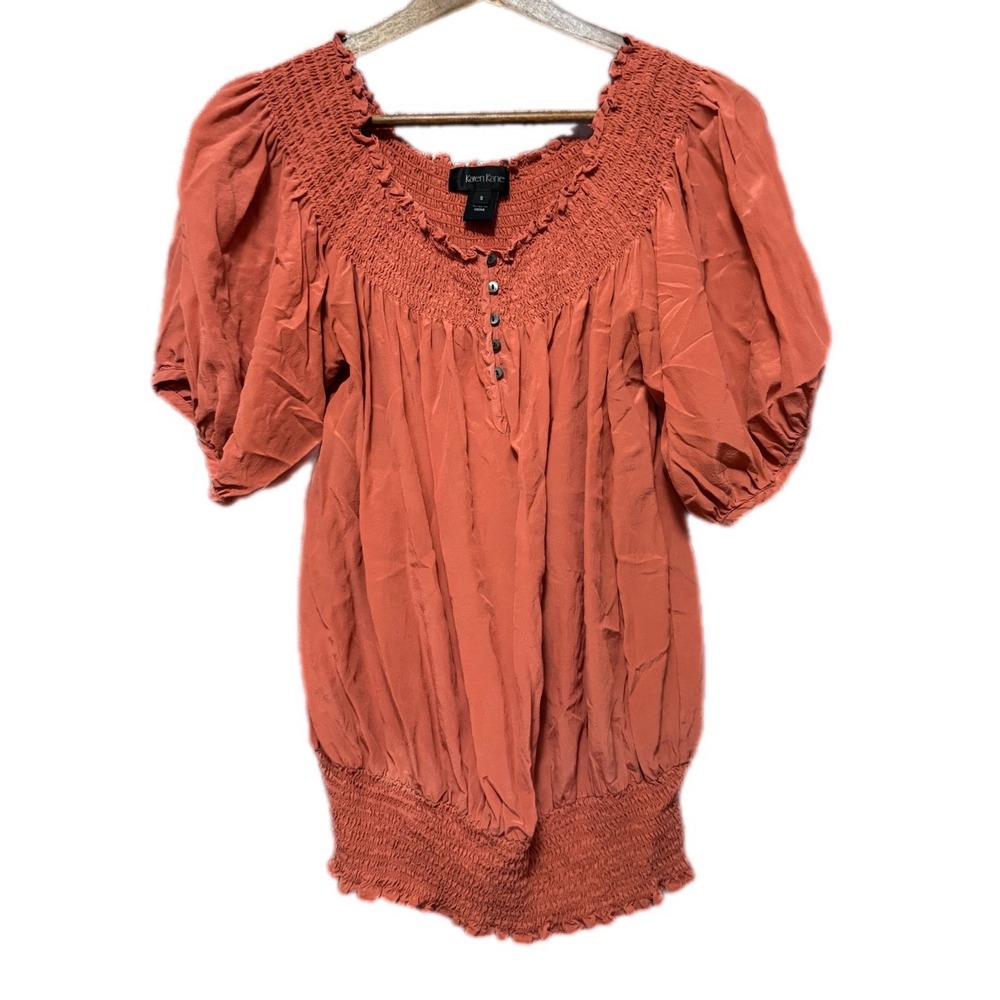 Karen Kane Blouse Womens S Orange Excellent Silk Smocked Boho Puff Sleeve Top‎